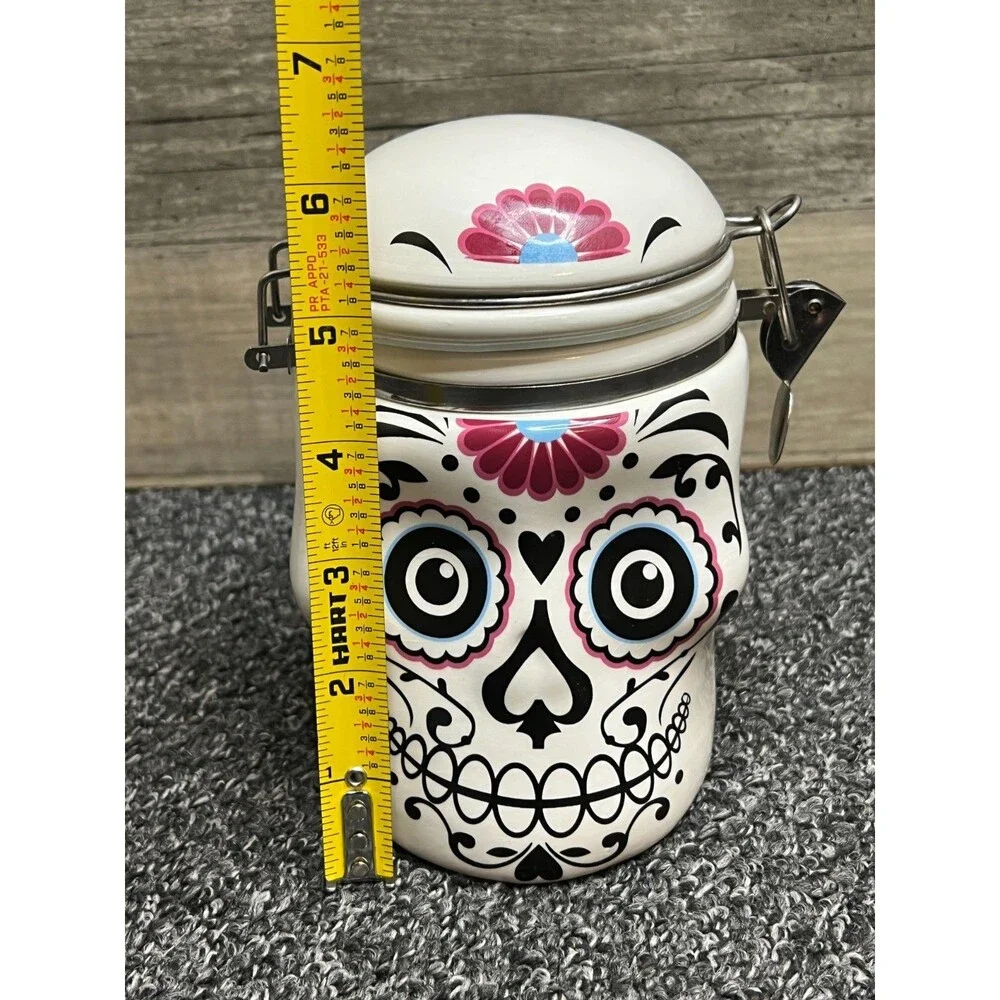 Day of the Dead Sugar Skull Ceramic Skull Ceramic Hinged Canister Cookie Jar Set